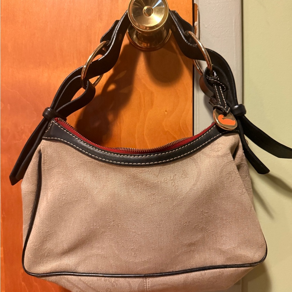 DOONEY & BOURKE SIGNATURE BEIGE HEARTS TAN CANVAS W/ BLACK LEATHER TRIM BAG